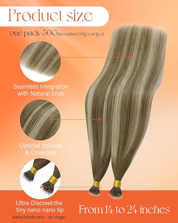 Sunny Hair Nano Bead Hair Extensions Human Hair Invisible Nano Extensions Human Hair Balayage Medium Brown to Platinum Blonde Nano Tip Hair Extensions Real Human Hair 22inch 50g