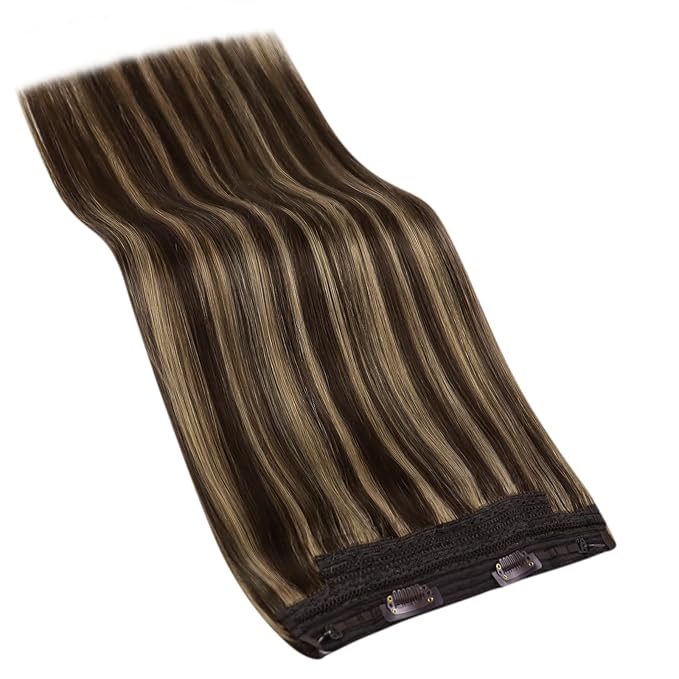 YoungSee 120G Wire Hair Extensions Highlight Fish Line Hair Extensions Human Hair Dark Brown Highlight Blonde Invisible Wire Real Human Hair Extension Heat-Styable for Party 18inch