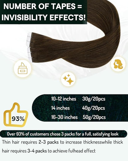 RUNATURE Tape in Human Hair Extensions 12 Inch Short Tape in Hair Extensions Real Human Hair Brazilian #4 Chocolate Brown Glue in Human Hair Extensions Silky Real Hair Tape in Extensions 30g 20pcs
