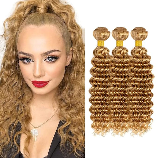 #27 Blonde Bundles Human Hair Deep Wave Bundles 28 30 32 Inch Unprocessed Brazilian Virgin Hair Weave 3 Bundles 50 Grams Per Bundle Honey Blonde Human Hair Extensions