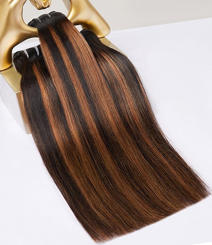 mlip Raw Bundles Human Hair Straight, No Tangle Shedding, Keep Texture Silky Soft After Multiple Washes, 15A Raw Indian Hair Bundles 10 12 14 Inches, Brown Highlight Color