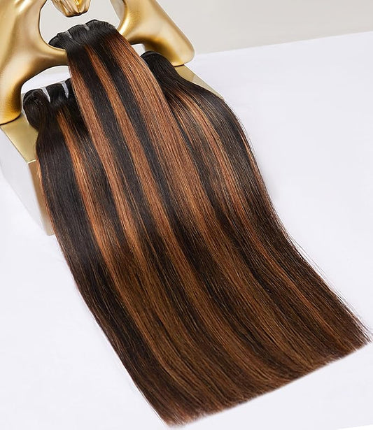 mlip Raw Bundles Human Hair Straight, No Tangle Shedding, Keep Texture Silky Soft After Multiple Washes, 15A Raw Indian Hair Bundles 10 12 14 Inches, Brown Highlight Color