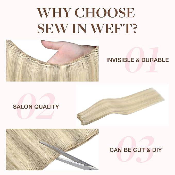 GOO GOO Sew in Hair Extensions Real Human Hair, Weft Hair Extensions Human Hair, 17A/60A Ash Blonde Highlighted Platinum Blonde 16inch 100g, Weft Bundles Straight Silky Remy Hair