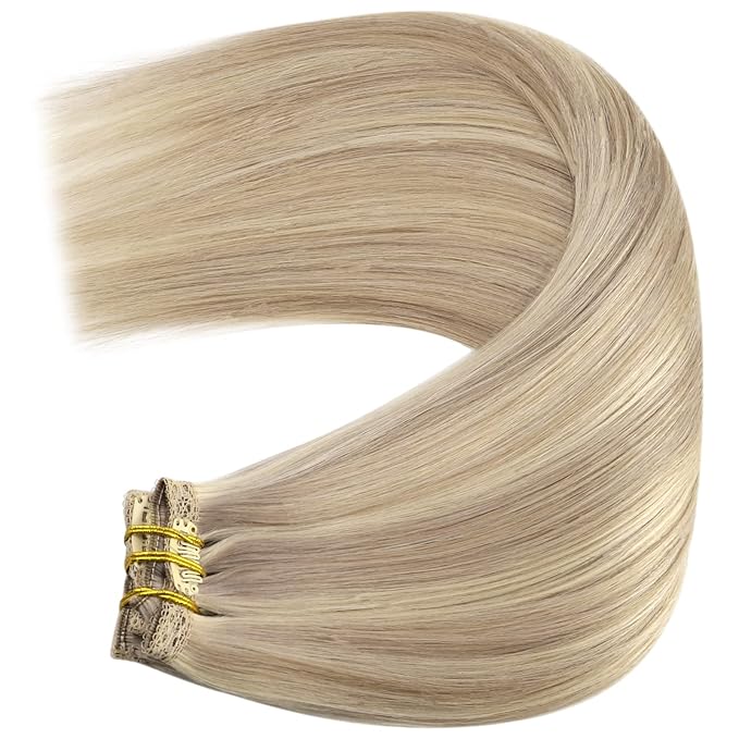 YoungSee 150G Clip in Hair Extensions Blonde Highlight Clip in Extensions Warm Ash Blonde Highlights Bleach Blonde Clip on Hair Extensions Human Hair Add Length and Volume 24Inch