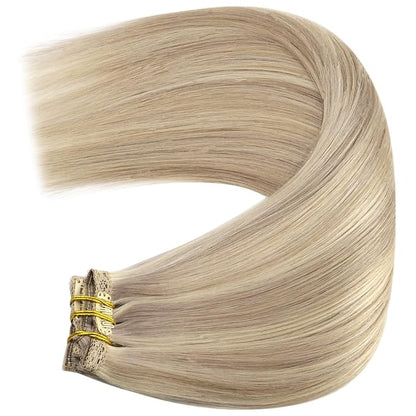 YoungSee 150G Clip in Hair Extensions Blonde Highlight Clip in Extensions Warm Ash Blonde Highlights Bleach Blonde Clip on Hair Extensions Human Hair Add Length and Volume 24Inch