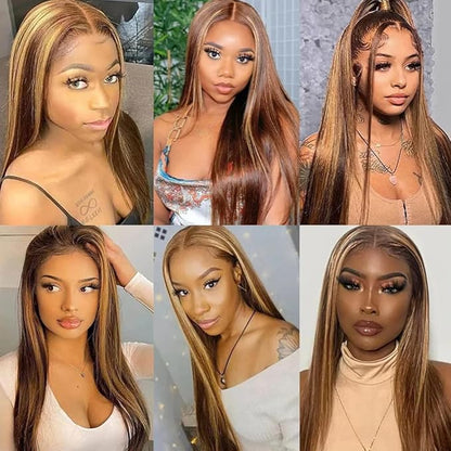 P27/30 Honey Blonde Straight Human Hair Bundles - Light Brown Ombre Remy Hair Extensions 14-18 Inch Silky Soft Highlight Bundles