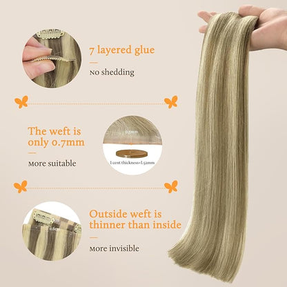DOORES Seamless Human Hair Clip in Extensions, Light Brown Highlighted Medium Blonde 20 Inch 150g 7pcs, Virgin Silky Straight Thick Hair Extensions