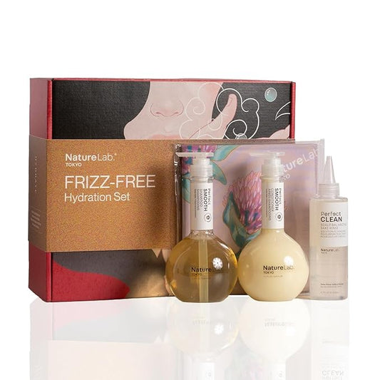 NatureLab.TOKYO Frizz-Free Hydration Limited Edition Set: Includes Smooth Shampoo, Conditioner & Scalp Sake Rinse – Hydrates & Tames Frizz, Balances Scalp Microbiome, Includes Furoshiki Wrap
