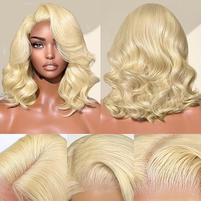 613 Lace Front Wig Human Hair 7×5 Glueless Blonde Body Wave Lace Front Wigs Human Hair Pre Plucked Pre Cut 180% Density Wear And Go Blonde Short Bob Wigs For Women 14inch