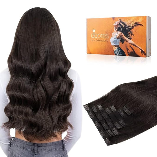 DOORES Clip in Hair Extensions, Dark Brown 130g 7pcs 16 Inch, Invisible Edge Clip Extensions Remy Weft for Women Silky Straight Weft