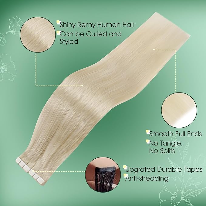 RUNATURE Human Hair Tape in Extensions 16 Inch Platinum Blonde Remy Hair Tape in Extensions Straight Full Ends Glue in Hair Extensions Invisible Tape on Human Hair Extensions Silky 50g 20 Picec