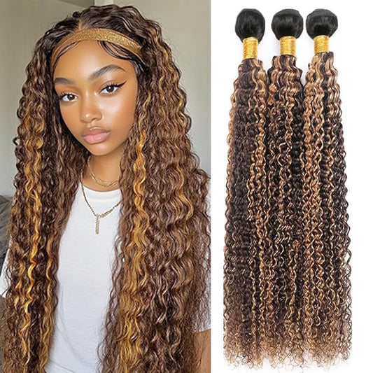 P427 Curly Bundles Highlight Ombre Dark Brown and Honey Blonde Bundles Two Tone Brazilian Human Hair Extensions Soft and Silky for Black Women 8 10 12 Inch