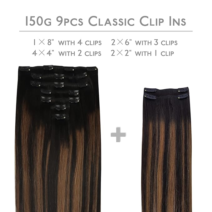 WENNALIFE Clip in Hair Extensions, 150g 16 Inch 9pcs Balayage Natural Black to Chestnut Brown Remy Hair Thicker Double Weft Extensiones De Cabello Humano Con Clip Ins Straight Full Volume