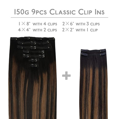 WENNALIFE Clip in Hair Extensions, 150g 16 Inch 9pcs Balayage Natural Black to Chestnut Brown Remy Hair Thicker Double Weft Extensiones De Cabello Humano Con Clip Ins Straight Full Volume