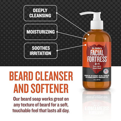 Dr. Eddie's Facial Fortress 3 in 1 Face, Hair, & Beard Wash - Beard and Face Wash for Men, Beard Cleanser, Face Soap, Beard Care, Dandruff Shampoo with Pyrithione Zinc - 8 Fl Oz (Pack of 1)