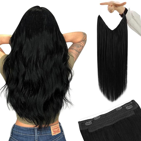 YoungSee Invisible Wire Hair Extensions Black Wire Hair Extension Human Hair Black Fish Line Human Hair Extensions Softness Hair Wire Extensions Black Hair Extensions Human Hair for Women 14In 80G