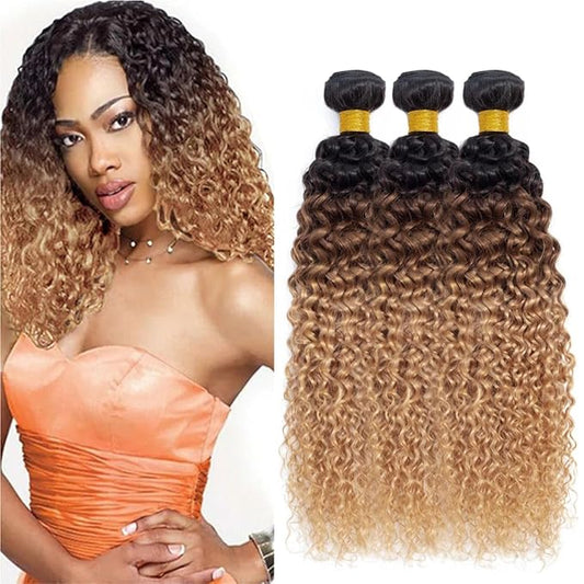 27 Curly Human Hair Bundles Ombre Brown Kinky Curly Bundles 10 12 14 Inch Niegmeag Hair Brazilian 8A Virgin Remy Hair Extensions 3 Tone Brown and Honey Blonde Bundle