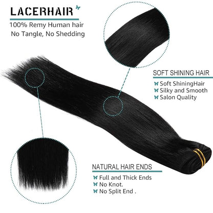 Lacer Hair Extensions Clip in Human Hair Jet Black #1 120g 7pcs Per Set Silky Straight 100% Clip in Hair Extensions Remy Human Hair 14 Inch