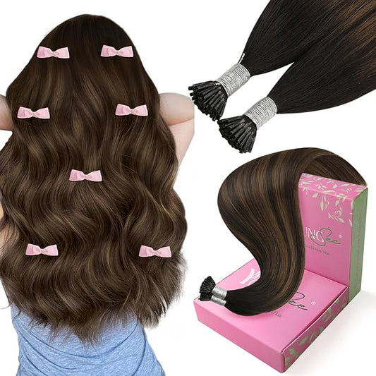 YoungSee I Tip Hair Extensions Human Hair Brown Itip Hair Extensions Balayage Dark Brown with Medium Brown Tip Hair Extension 16 Inch Ombre Cold Fusion Hair Extension Invisible for Adults 50g 80s