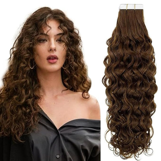RUNATURE Tape in Hair Extensions Human Hair Brown Curly Tape in Human Hair Extensions 20 Inch #4 Brown Curly Human Hair Tape Extensions Long Glue in Hair Extensions Human Hair Tape in 50g 20pcs