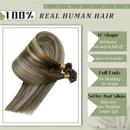 RUNATURE U Tip Hair Extensions Human Hair, Balayage Real Keratin Tip Extensions for Short Hair, Silky Remy Natural Hair, Hot Fusion Heat Resistant, 12 Inch 40g 50strands #3/8/22 Brown to Blonde