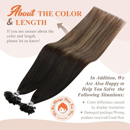 Sunny Hair Long Utip Hair Extensions Human Hair 24inch Hot Fusion Hair Extensions Black Ombre Dark Brown With Ash Blonde Balayage K Tips Real Human Hair Extensions Instant Hairstyle Change 50g