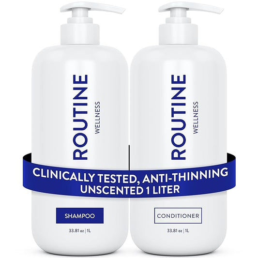 Routine Wellness 1 Liter Anti-Thinning Shampoo and Conditioner Set for Thinning Hair - Biotin DHT Blocker - Color Safe Shampoo for Hair Loss & Healthier Hair - 1 Liter Set - Unscented