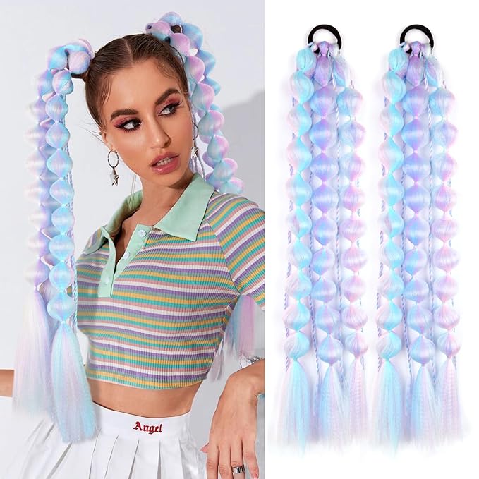 2 Pcs 22 Inch Lightweight Bubble Ponytail Extensions, Fiber Mix Four Silky Colorful Braids with Hair Tie, Crazy Hair Day, Festival Rave Accessories for Girls (Pink/Blue/Purple/Light Cyan#)