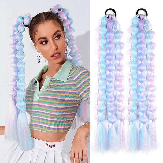 2 Pcs 22 Inch Lightweight Bubble Ponytail Extensions, Fiber Mix Four Silky Colorful Braids with Hair Tie, Crazy Hair Day, Festival Rave Accessories for Girls (Pink/Blue/Purple/Light Cyan#)