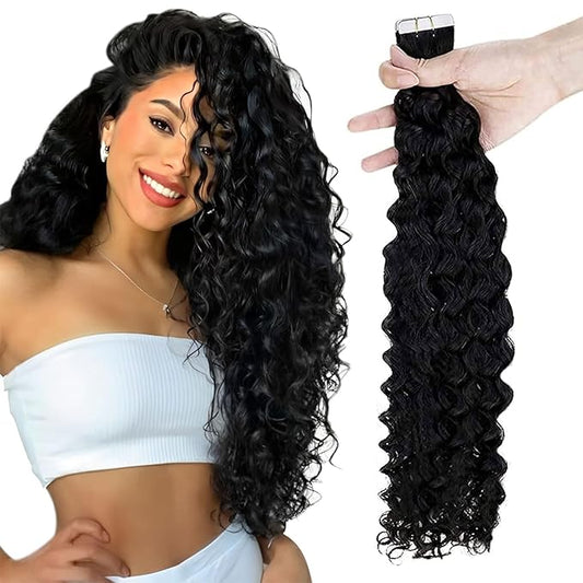RUNATURE Curly Tape ins Human Hair Extensions Natural Black #1B Tape in Hair Extensions Real Human Hair Full Ends Curly Human Hair Tape in Extensions Silky Glue in Hair Extensions 16 Inch 50g 20pcs