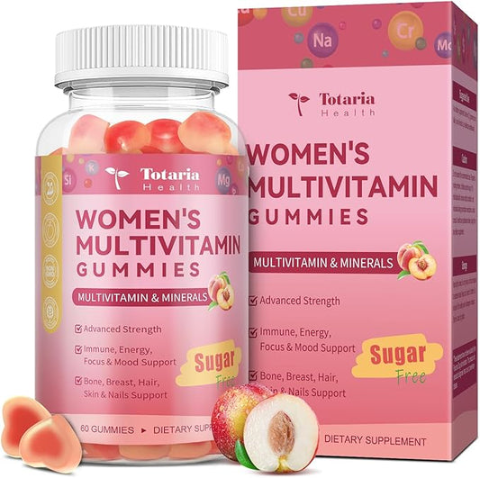 Sugar Free Multivitamin Gummies for Women 14+ w/Iron, Inositol, Folate, Biotin, Womens Daily Multivitamin Gummy w/Vitamin A, C, B, D3, K2, for Hair, Skin, Energy, Immune, Peach Flavor