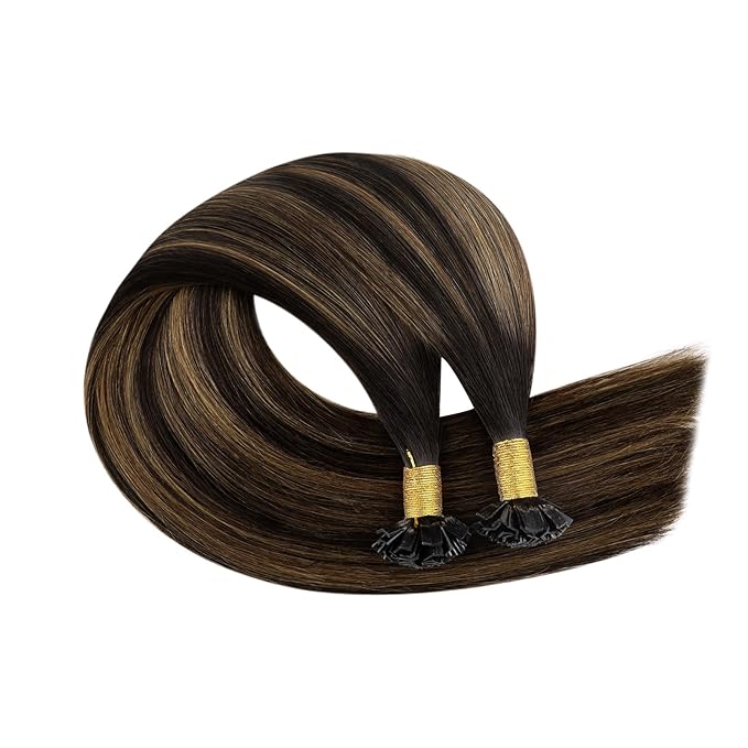 YoungSee Ktip Hair Extensions Human Hair Balayage Brown K Tip Extensions Human Hair Dark Brown with Medium Brown Ombre Ktips Human Hair Extensions 16Inch Hair Extensions for Women 50G/S