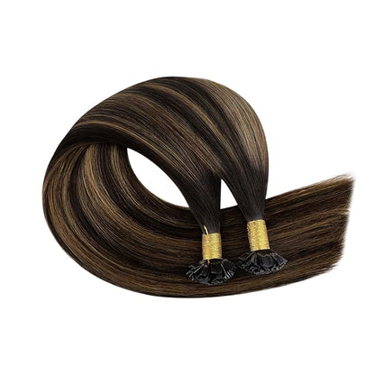YoungSee Ktip Hair Extensions Human Hair Balayage Brown K Tip Extensions Human Hair Dark Brown with Medium Brown Ombre Ktips Human Hair Extensions 16Inch Hair Extensions for Women 50G/S