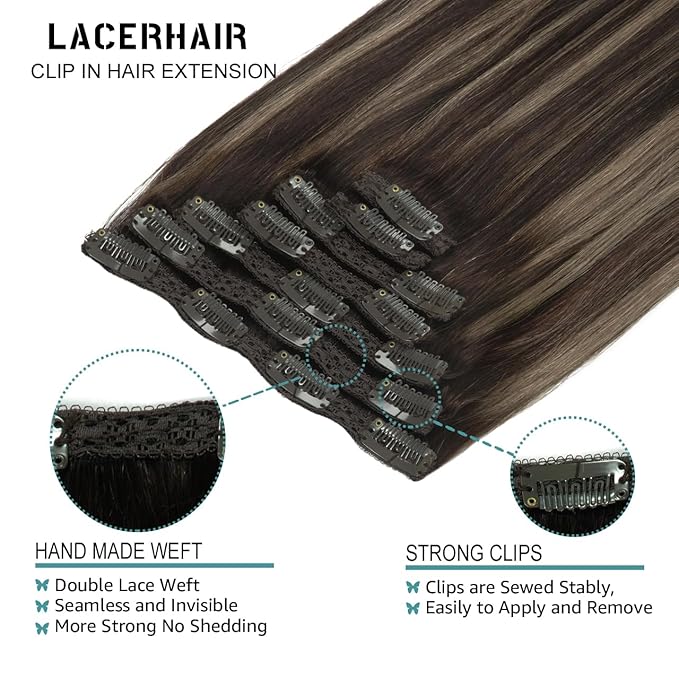 Lacer New Version Thick Hair Extensions Clip in Human Hair Silky Straight Dark Brown to Medium Brown Highlight Dark Brown R#2-2/6 140g 7pcs with 16 Clips per Set 22 Inch