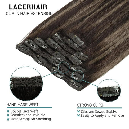 Lacer New Version Thick Hair Extensions Clip in Human Hair Silky Straight Dark Brown to Medium Brown Highlight Dark Brown R#2-2/6 140g 7pcs with 16 Clips per Set 22 Inch