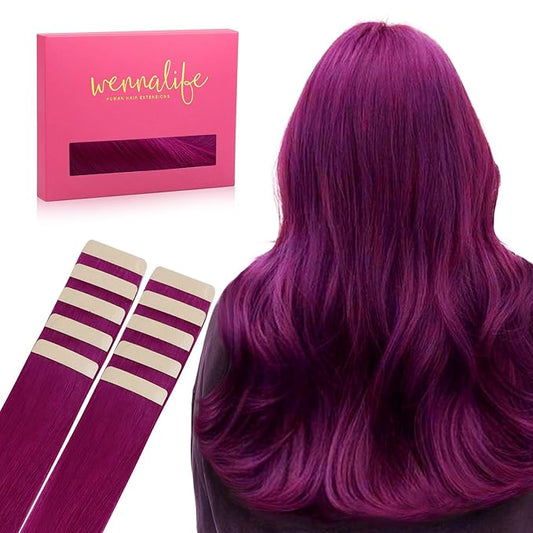 WENNALIFE Tape in Hair Extensions Human Hair Violet Tape in Extensions, 10pcs 20g 12 inch Remy Invisible Tape Ins Straight Colored Soft Real Human Hair Tape in Extensions Refill Set Extensions