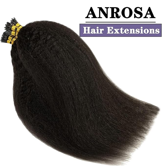 Anrosa Kinky Straight I Tip Hair Extensions 14inch Itip Human Hair Extensions Black 100% Brazilian Hair 50g I Tip Hair Coarse Yaki Microlinks Stick