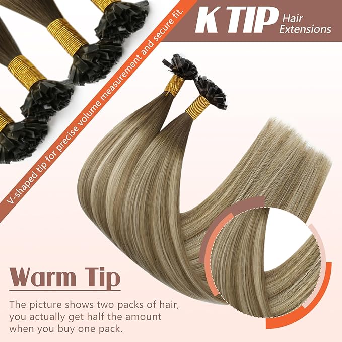 Sunny K Tip Hair Extensions Human Hair Light Brown Balayage Ash Brown with Highlight K Tip Hair Extensions Balayage Keratin Hair 20inch 50g