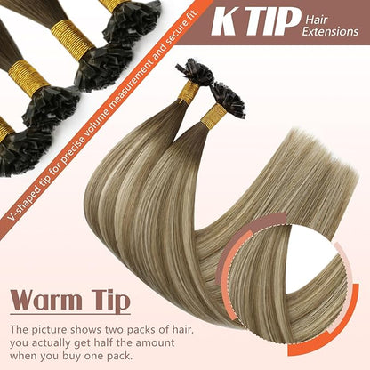 Sunny K Tip Hair Extensions Human Hair Light Brown Balayage Ash Brown with Highlight K Tip Hair Extensions Balayage Keratin Hair 20inch 50g