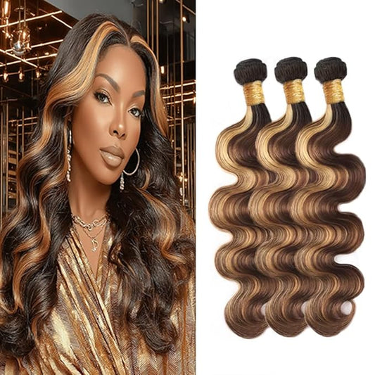 Ombre P427 Body Wave Bundles Highlight Body Wave Bundles Dark Brown and Honey Blonde Brazilian Human Hair Extensions Soft and Silky for Black Women 16 18 20 Inch