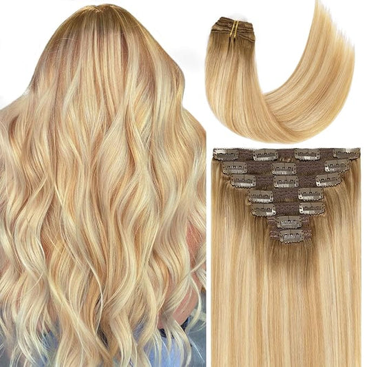 Caliee 20 Inch Clip in Hair Extenisons Human Hair Double Weft Invisible Balayage Hair Extensions Human Hair Light Golden Brown and Platinum with Ash Brown Roots Silky Straight Full Head 140 G