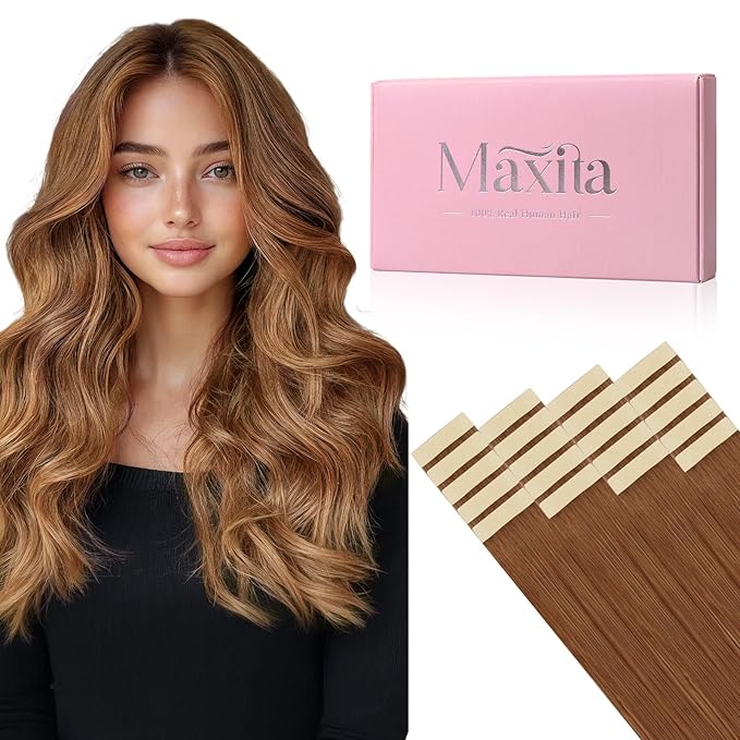 MAXITA Human Hair Tape in Extensions, Invisible Tape in Hair Extensions Human Hair Straight Remy Hair, Olive Auburn 14 Inch 50g 20pcs Hair Extensions Real Human Hair