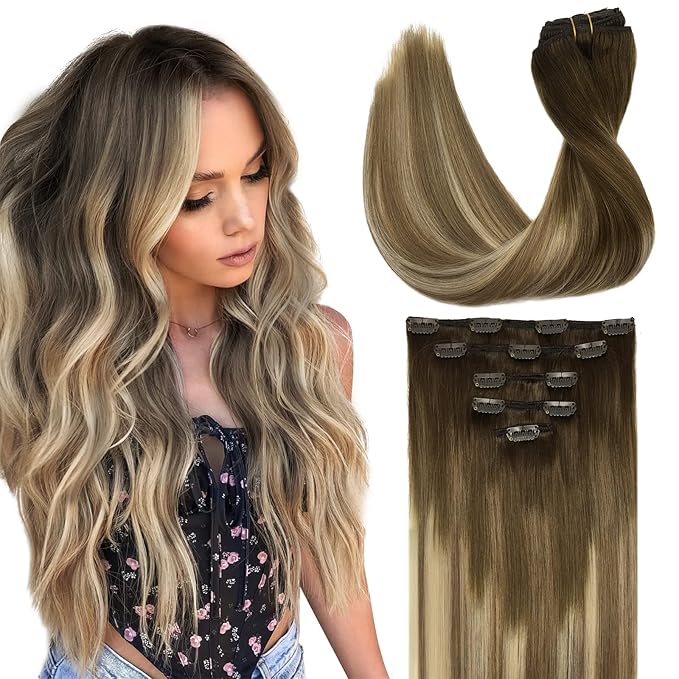 DOORES Clip in Hair Extensions Human Hair, 5pcs 75g Balayage Walnut Brown to Ash Brown and Bleach Blonde 14 Inch Remy Human Hair Extensions Clip in Natural Straight
