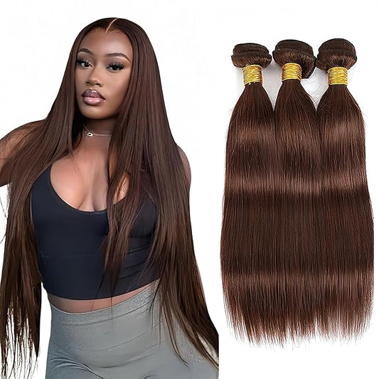 Color 4 Straight Bundles Brown Human Hair Bundle Niegmeag Peruvian Virgin Soft and Sikly Remy Hair 3 Bundles 22 24 26 Inch Chocolate Brown Color