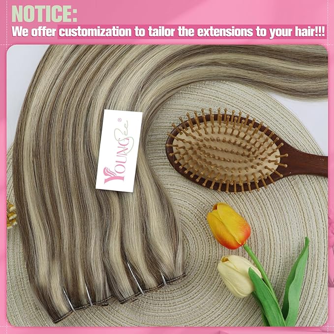 YoungSee Wire Hair Extensions Highlight Invisible Wire Hair Extensions Real Human Hair Highlights Light Brown with Platinum Blonde Hair Extensions for Short Hair 70G 12Inch