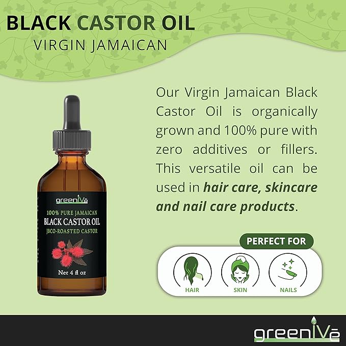 GreenIVe Organically Grown Jamaican Black Castor Oil JBCO 100% Pure Glass Bottle Cold Pressed Amazin Results (4 Ounce)
