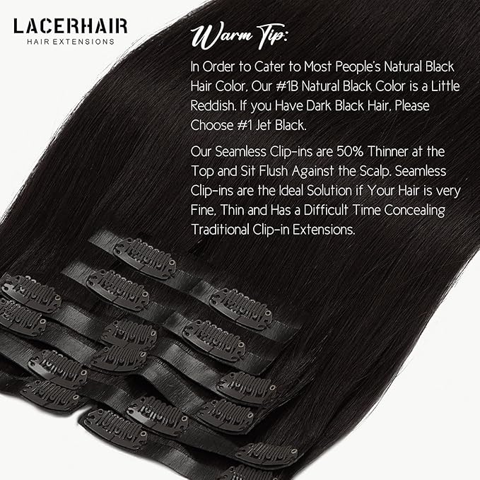 Lacer Hair Ultra Seamless Clip in Hair Extensions Natural Black 14inch Real hair Extensions Invisible Clip in Human Hair 130g 7PCS 18 Clips Natural Human Hair