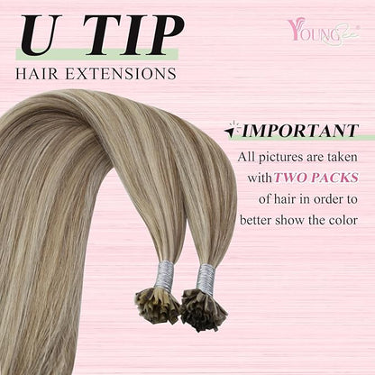 YoungSee U Tip Hair Extensions Light Brown Highlight Utip Human Hair Extensions for Working Light Brown with Blonde Highlight U Tip Remy Hair Extensions 20In U Tip Natural Hair Extensions Soft 50s/50g