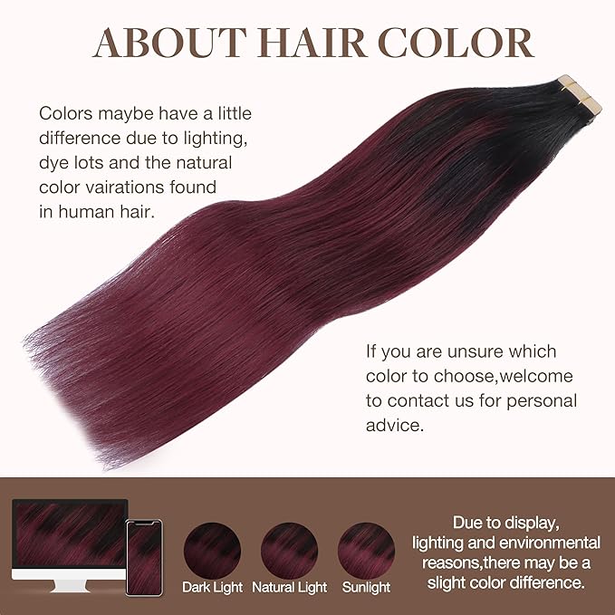 GOO GOO Tape in Hair Extensions Human Hair, 1/99 Balayage Jet Black to Red, 22inch 100g 40pcs, Skin Weft Seamless Invisible, Silky Straight with Thick Ends, Remy Human Hair