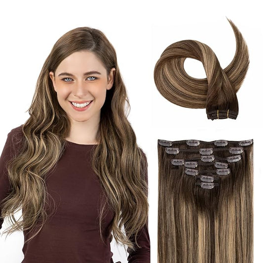 Clip in Hair Extensions Real Human Hair, Invisible Clip In Hair Extensions 100% Human Hair, Balayage Chocolate Brown to Caramel Blonde #4TP27/4 16Inch 120G 7PCS
